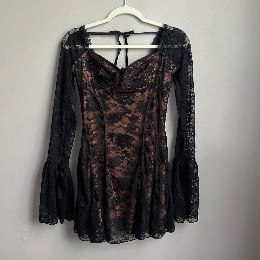 Black Lace Mini Dress Women's 6 Black Tan Floral Coquette Witchy Vamp Dark Goth